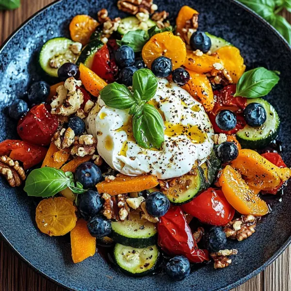 Burrata-Salat mit Ofengemüse und Blaubeeren