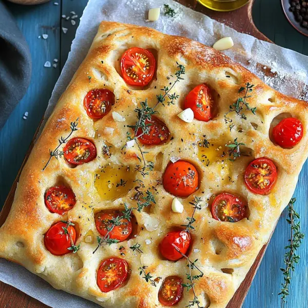 Focaccia mit Tomaten, Knoblauch & Thymian