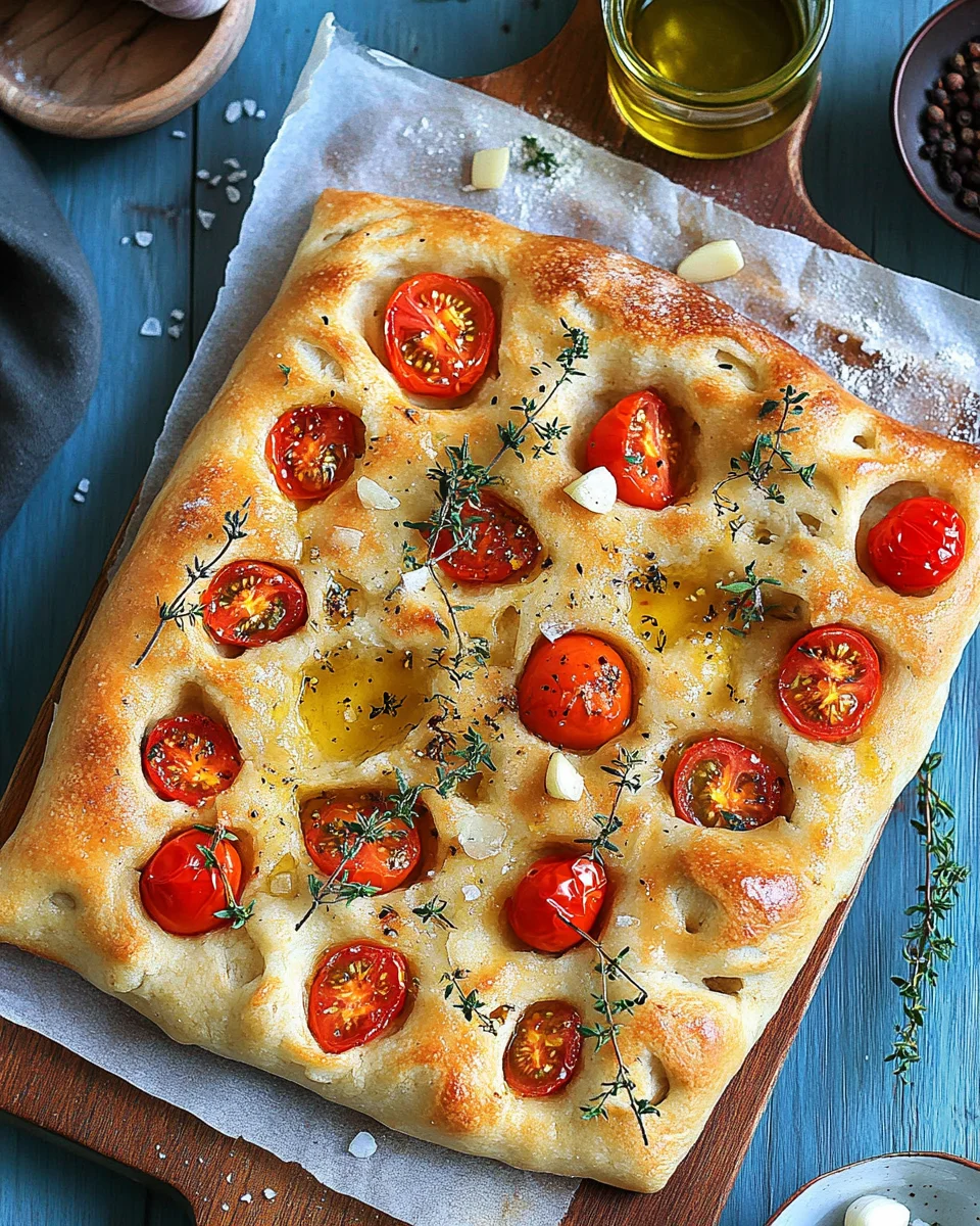 Focaccia mit Tomaten, Knoblauch & Thymian