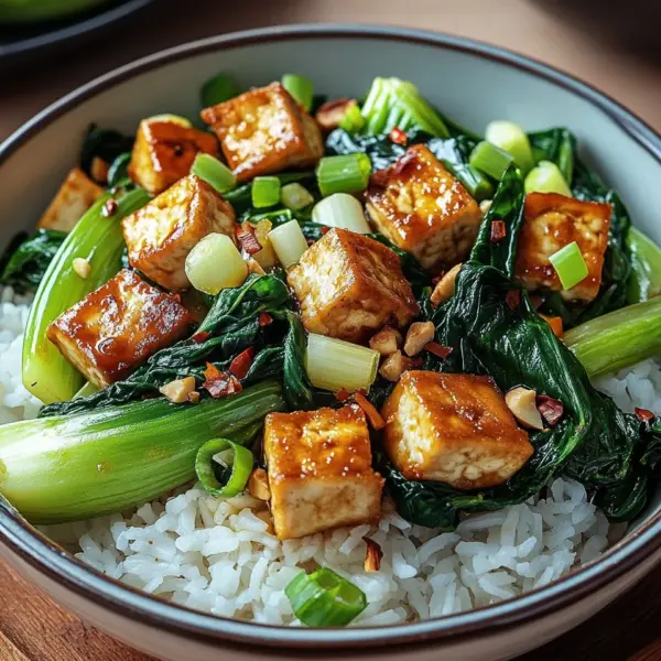 Gebratener Pak Choi mit knusprigem Tofu und Reis
