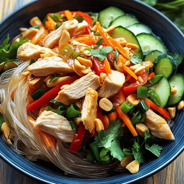 Lauwarmer Glasnudelsalat mit Erdnusshähnchen