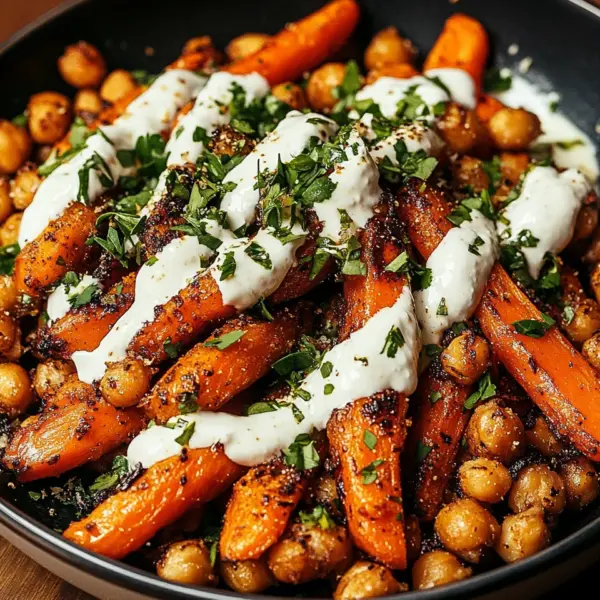 Spicy Maple-Roasted Carrots with Crispy Chickpeas and Yogurt Sauce