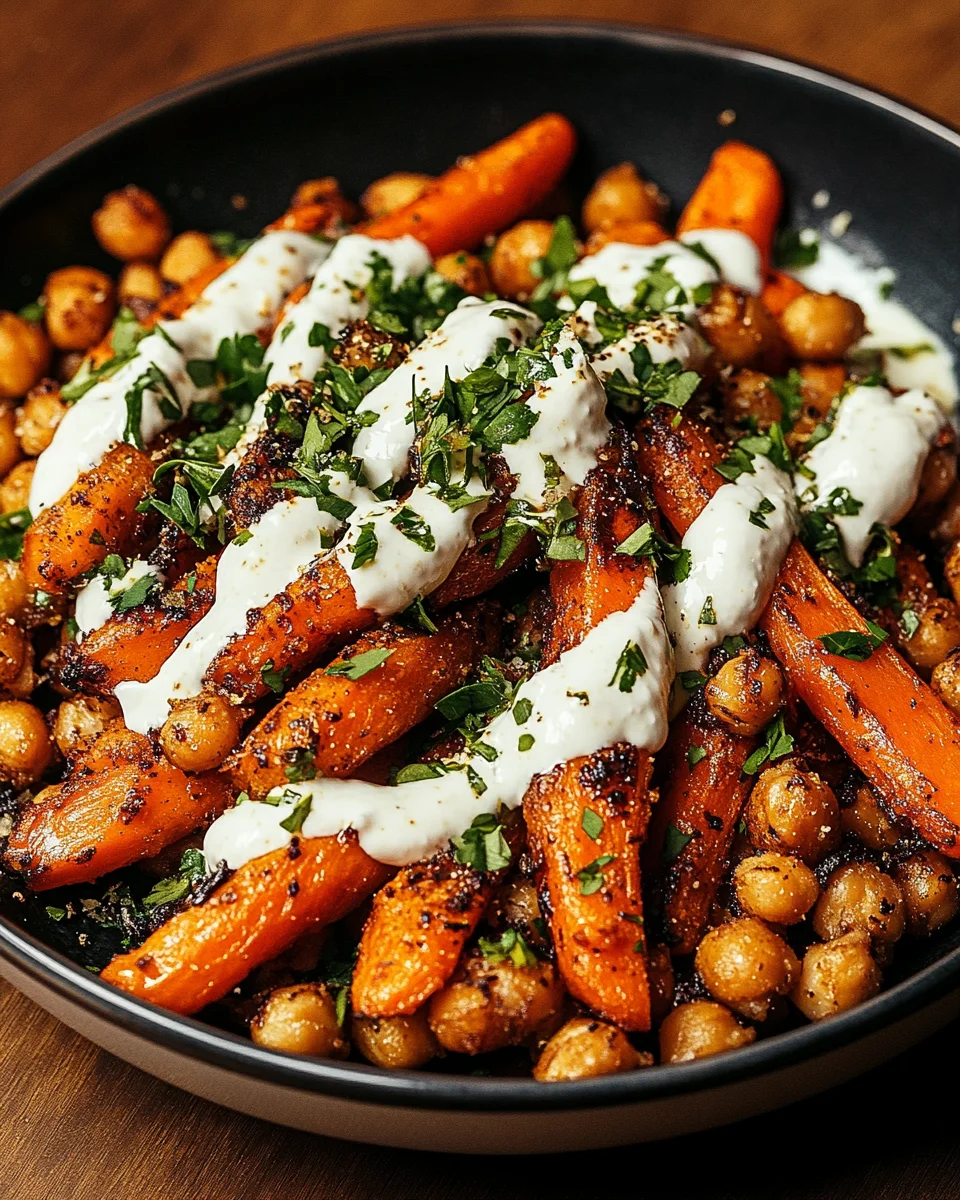 Spicy Maple-Roasted Carrots with Crispy Chickpeas and Yogurt Sauce