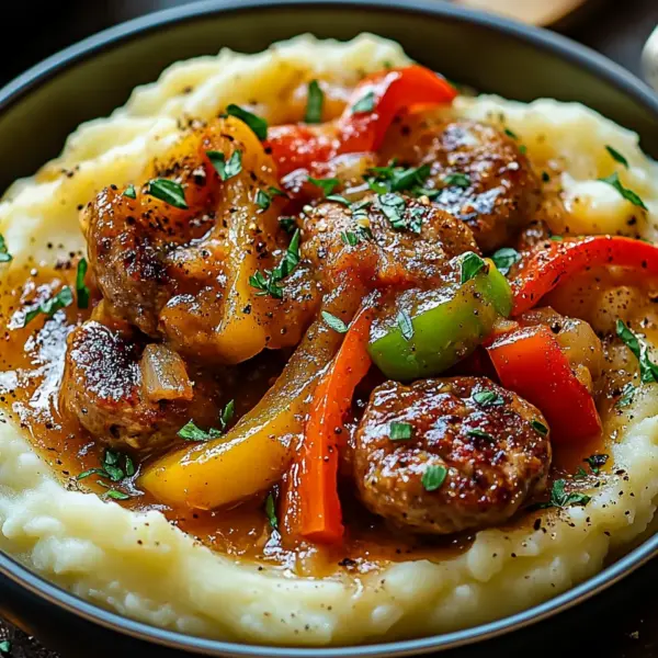 Cremige Wurst und Paprika auf Kartoffelpüree
