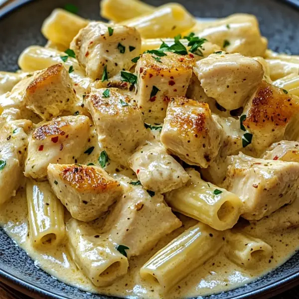 Cremiges Knoblauchbutter-Huhn und Rigatoni in Parmesan-Soße