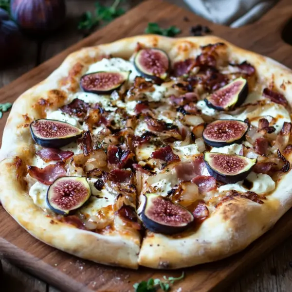 Feigen-Bacon-Pizza mit karamellisierten Zwiebeln und Balsamico