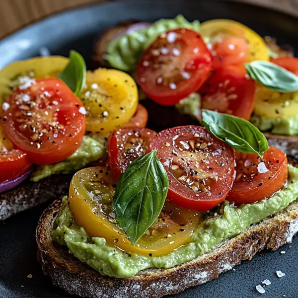 Geröstetes Brot mit Avocadobutter und Tomatensalat