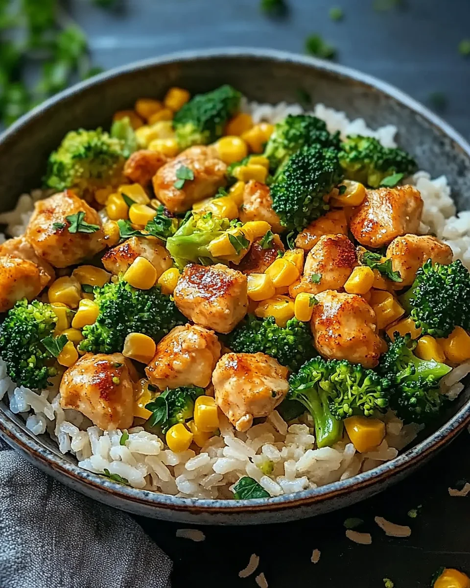 H&auml;hnchen-Reis-Pfanne mit Brokkoli und Mais