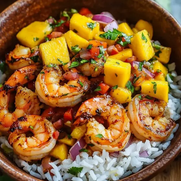 Pikante Garnelen und Mango Salsa Reisbowl