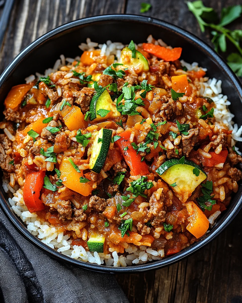Reis-Hackfleisch-Pfanne mit Ajvar und Gem&uuml;se