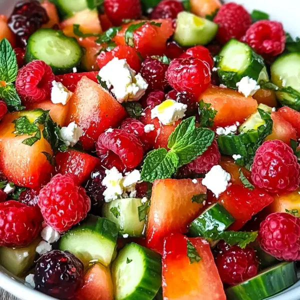 Sommersalat mit Melone, Gurke und Himbeeren