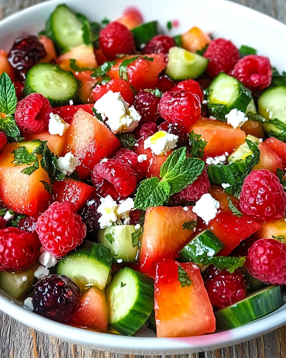 Sommersalat mit Melone, Gurke und Himbeeren