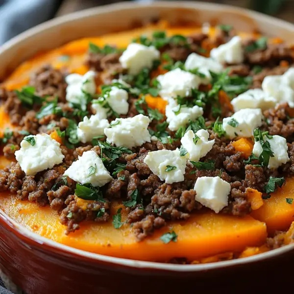 Süßkartoffel-Hackfleisch-Auflauf mit Feta