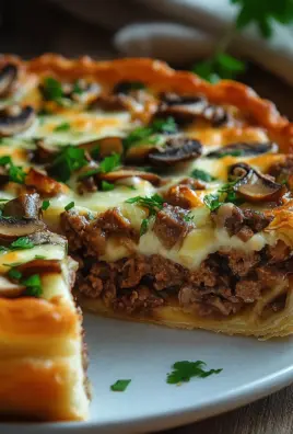 Torte mit Pilzen, Hackfleisch und Käse