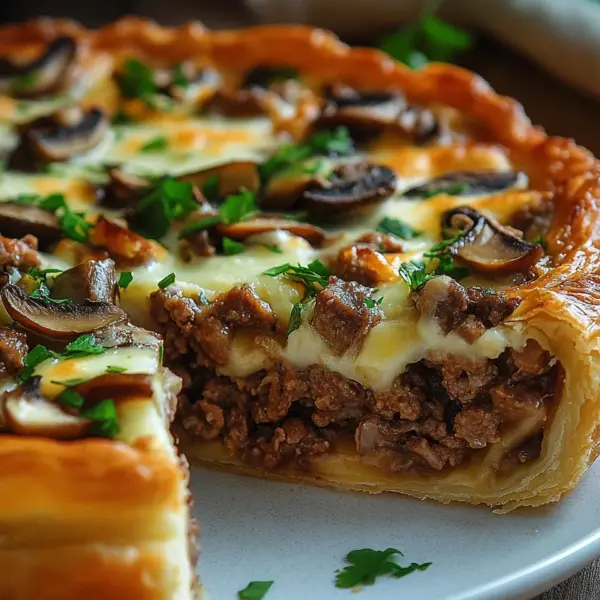 Torte mit Pilzen, Hackfleisch und Käse