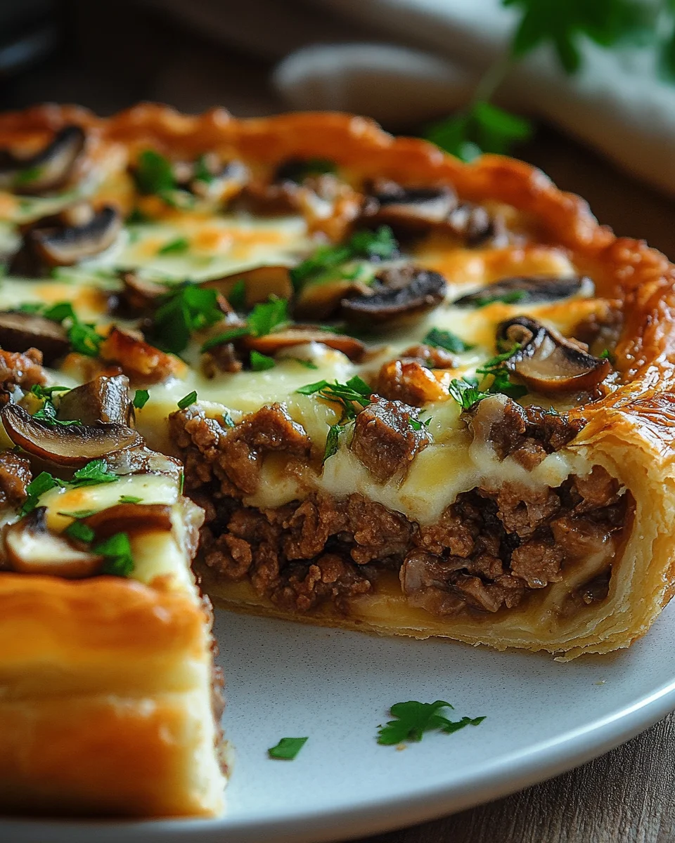 Torte mit Pilzen, Hackfleisch und K&auml;se
