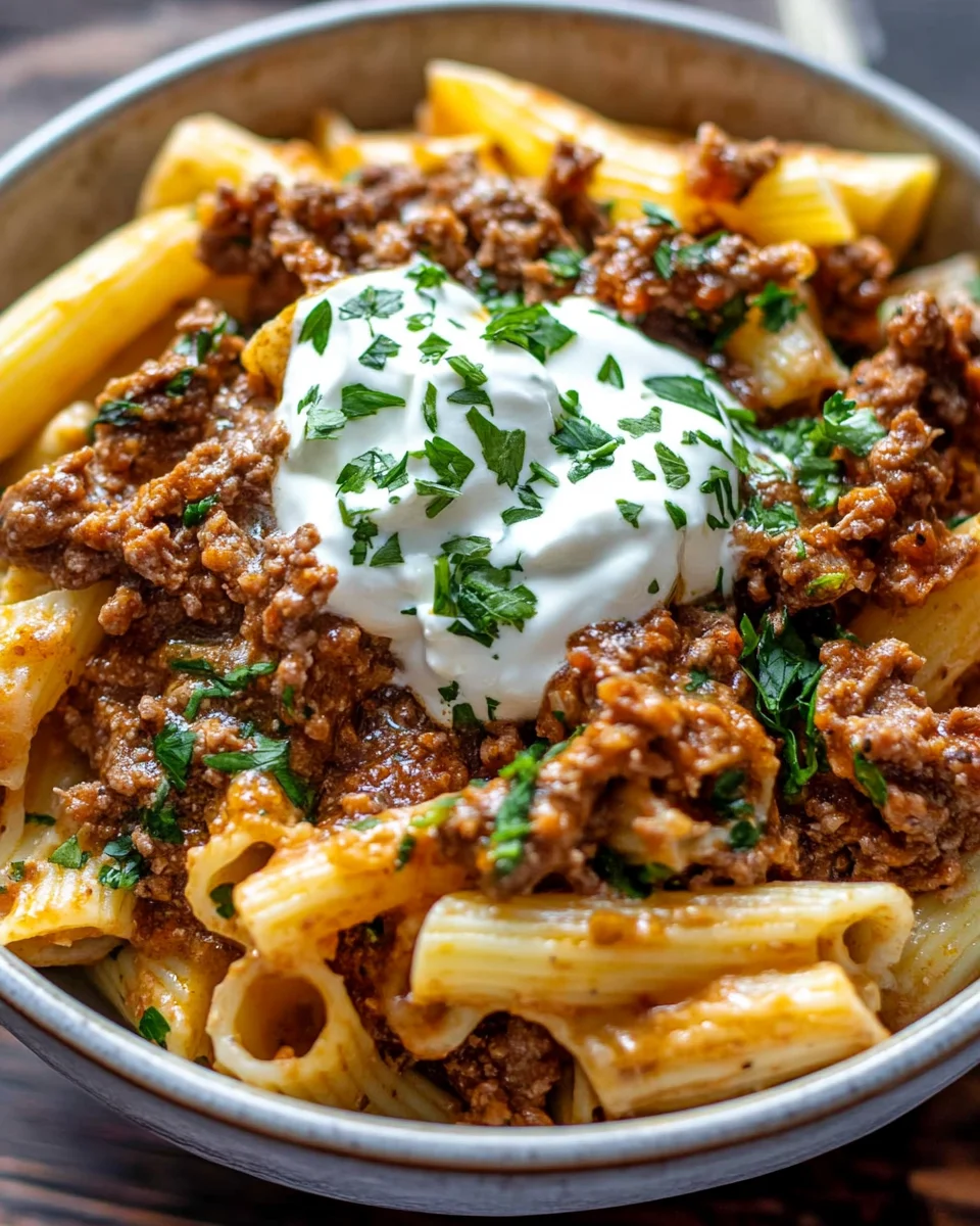 T&uuml;rkische Pasta mit Hackfleisch und Joghurt-Sauce