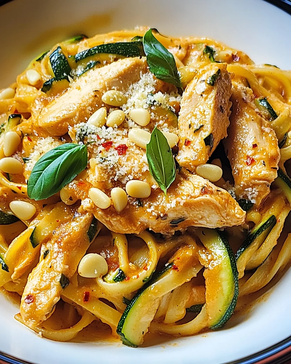 Zucchini Parmesan Pasta mit Hähnchen und Pinienkernen 21 Zucchini