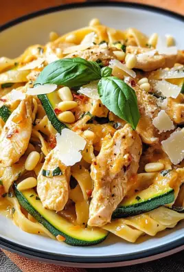 Zucchini Parmesan Pasta mit Hähnchen und Pinienkernen