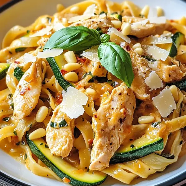 Zucchini Parmesan Pasta mit Hähnchen und Pinienkernen