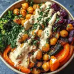 Bowl mit ger&ouml;stetem Gem&uuml;se und Kichererbsen mit Tahini-Dressing