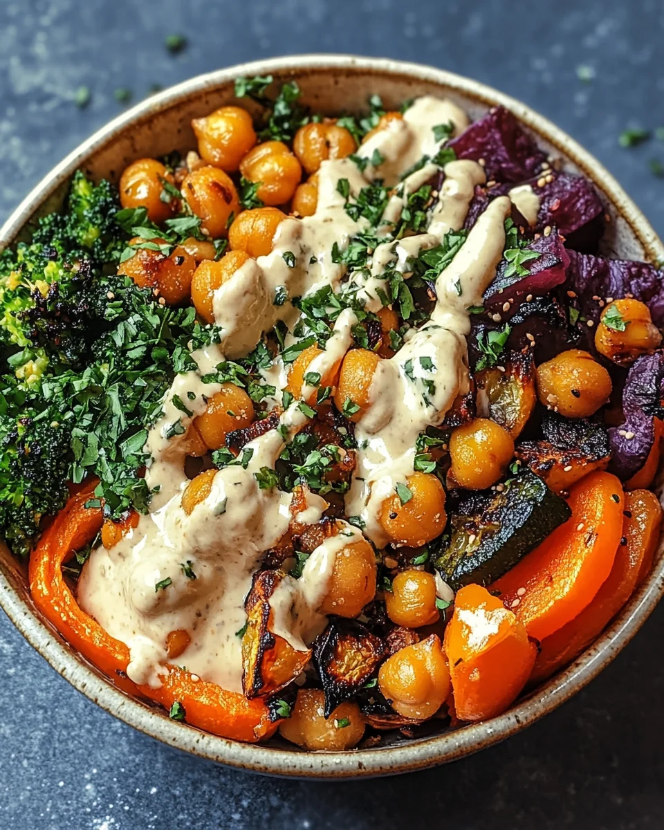 Bowl mit geröstetem Gemüse und Kichererbsen mit Tahini-Dressing