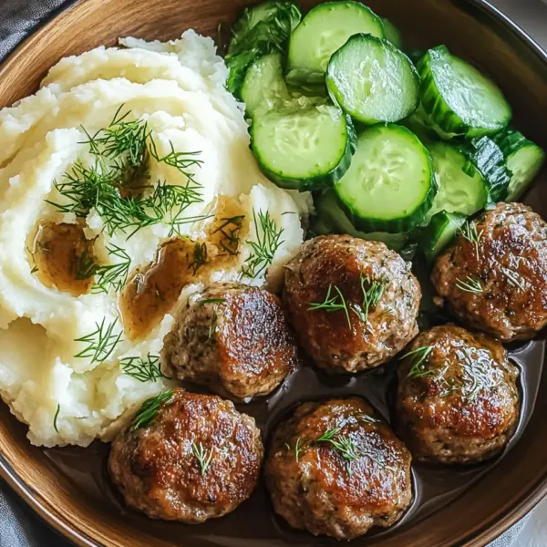 Fleischbällchen mit Gurkensalat und Kartoffelstampf