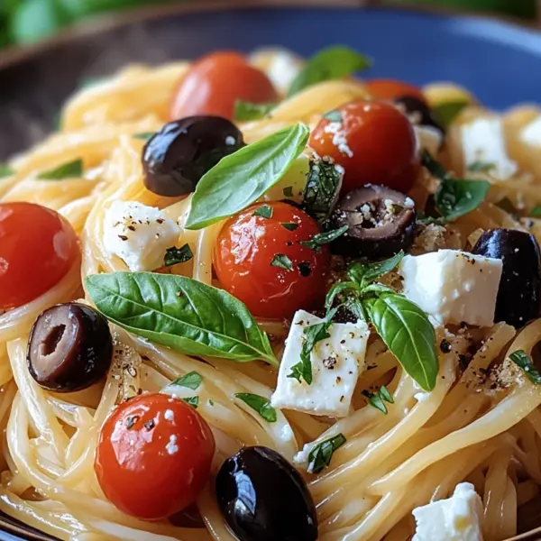 Griechische Reisnudeln mit Tomaten, Feta und Oliven
