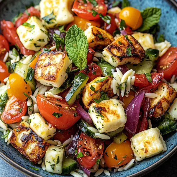 Kritharaki-Salat mit Halloumi-Croutons