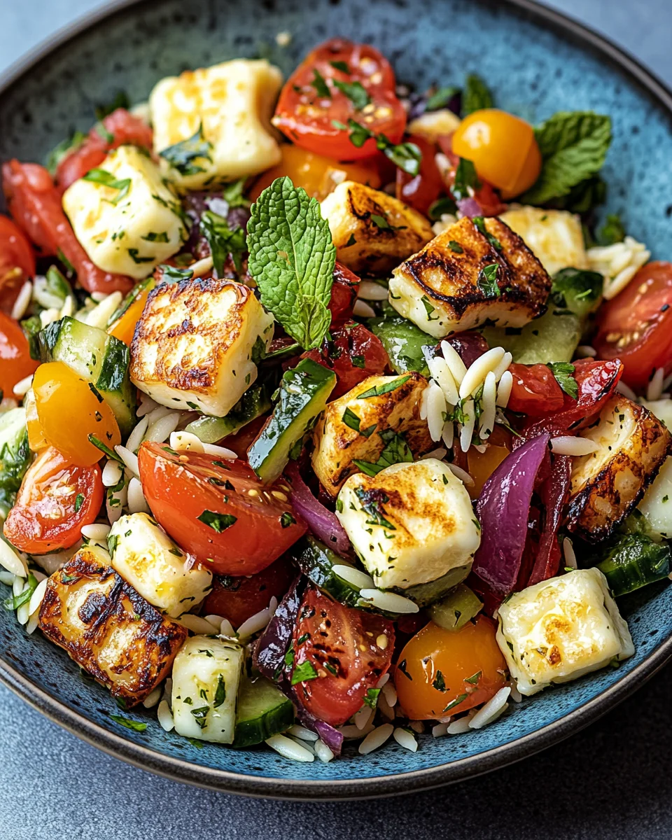 Kritharaki-Salat mit Halloumi-Croutons