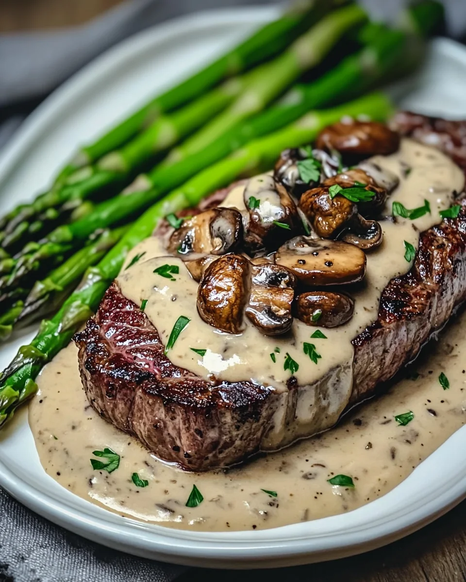 Ribeye Steak with Creamy Mushroom Sauce and Asparagus