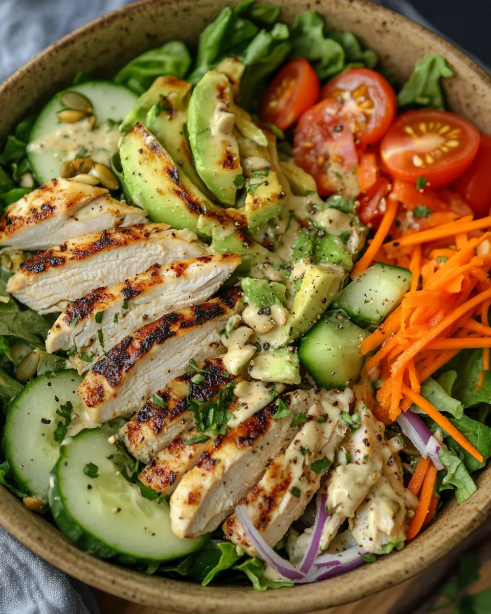 Bunte Salat Bowl mit Avocado, Hähnchen und Knoblauchdressing 17 Bunte