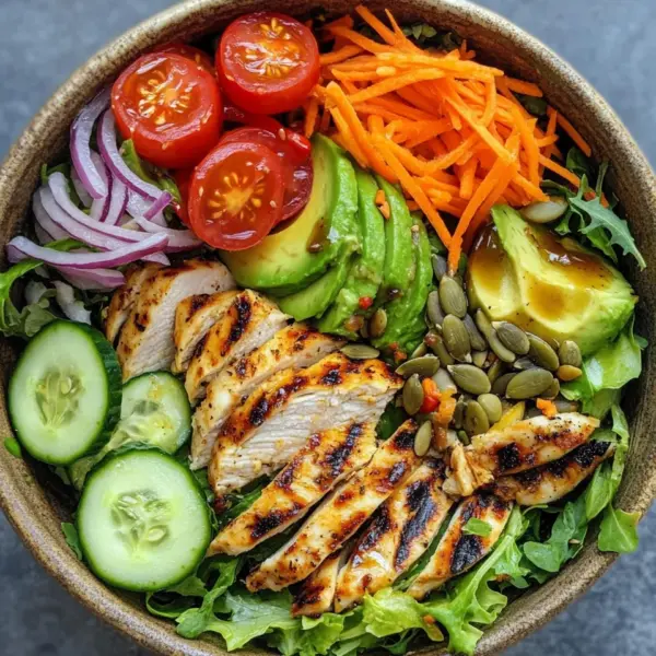 Bunte Salat Bowl mit Avocado, Hähnchen und Knoblauchdressing