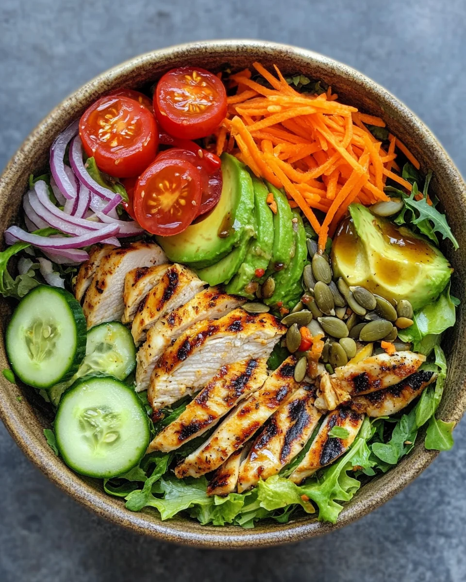 Bunte Salat Bowl mit Avocado, Hähnchen und Knoblauchdressing