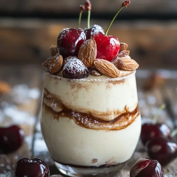Cremiges Zimtparfait mit gebrannten Mandeln und Kirschen