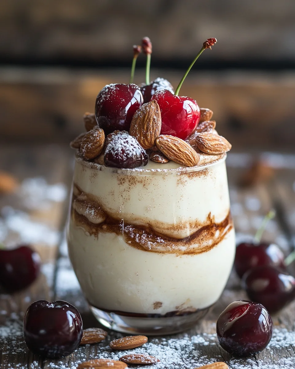 Cremiges Zimtparfait mit gebrannten Mandeln und Kirschen