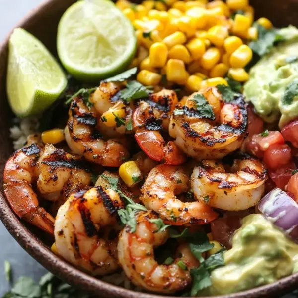 Gegrillte Garnelen Bowl mit Avocado Mais-Salsa & Cremiger Sauce