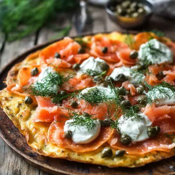 Knusprige Kartoffelgalette mit Räucherlachs und Crème Fraîche