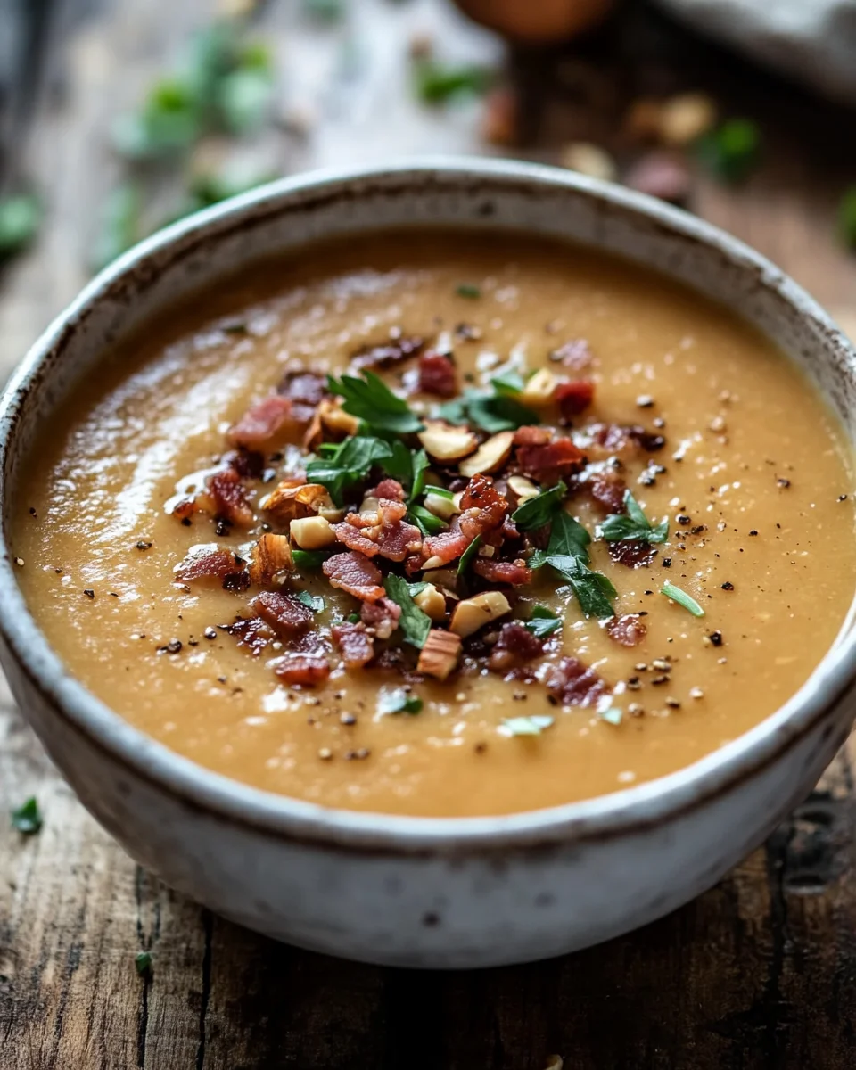 Maronensuppe mit karamellisierten Nüssen und Speck
