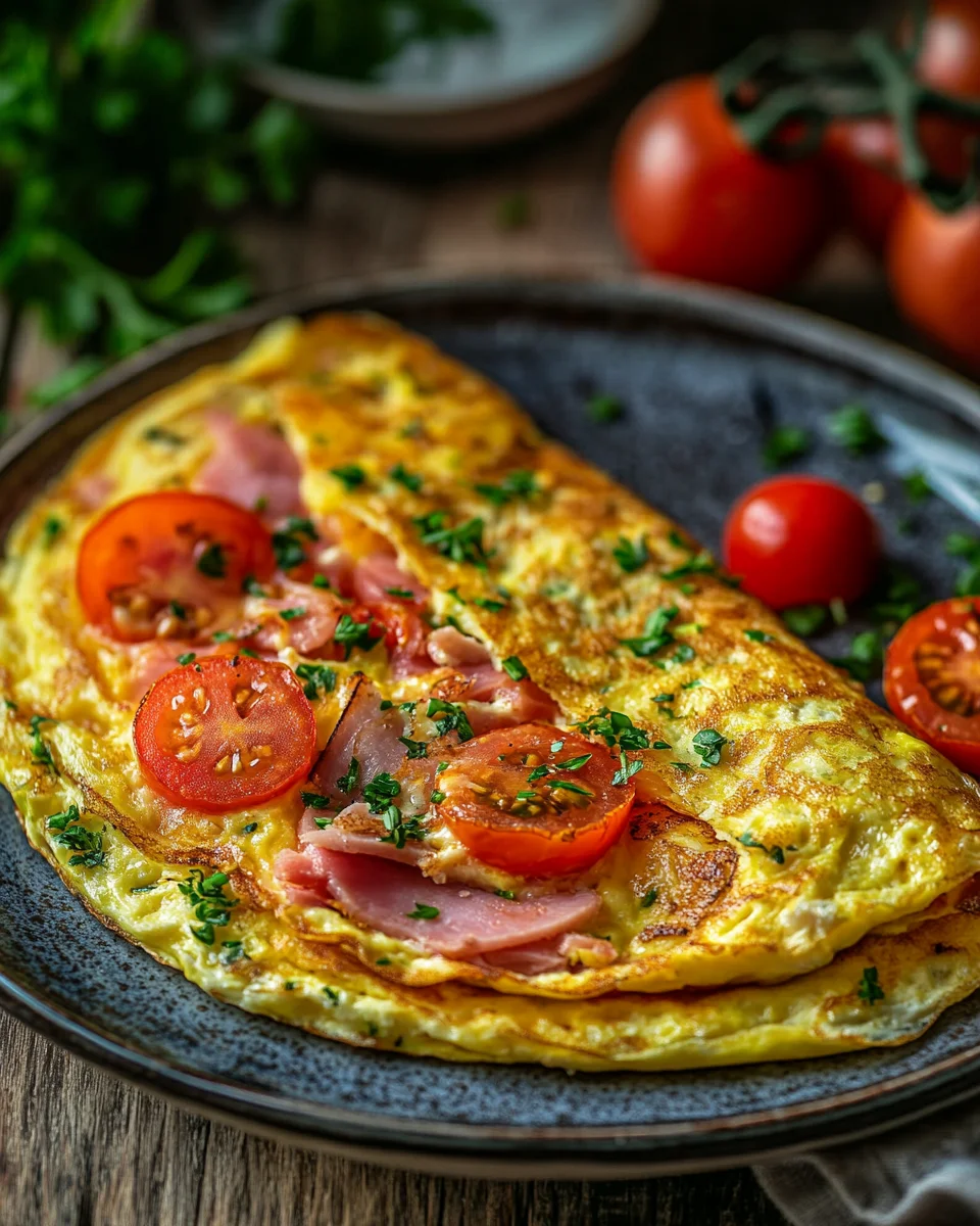 Omelette mit Schinken, Käse und Tomaten