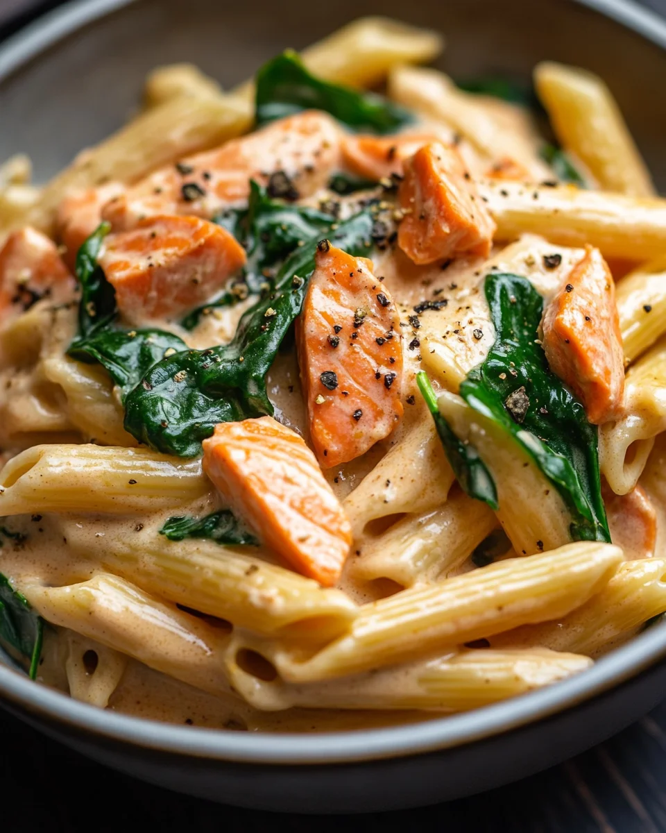 Penne in Lachs-Sahne-Sauce mit Spinat 19 Penne