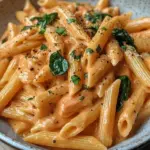 Penne in Lachs-Sahne-Sauce mit Spinat