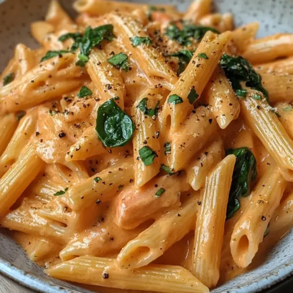 Penne in Lachs-Sahne-Sauce mit Spinat