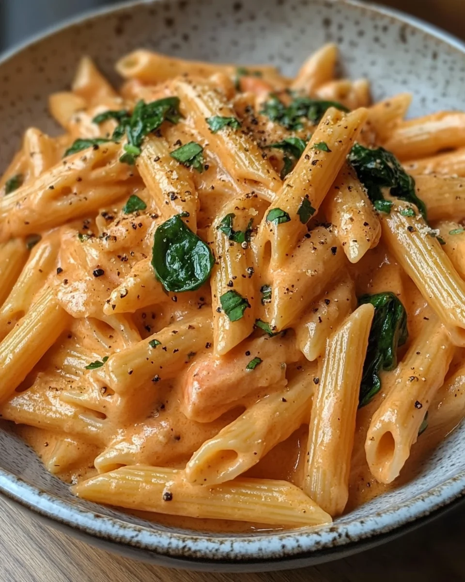 Penne in Lachs-Sahne-Sauce mit Spinat 21 Penne in Lachs-Sahne-Sauce mit Spinat