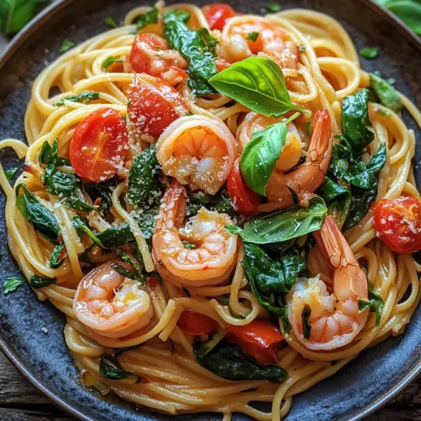 Tomate-Spinat-Garnelen-Nudeln