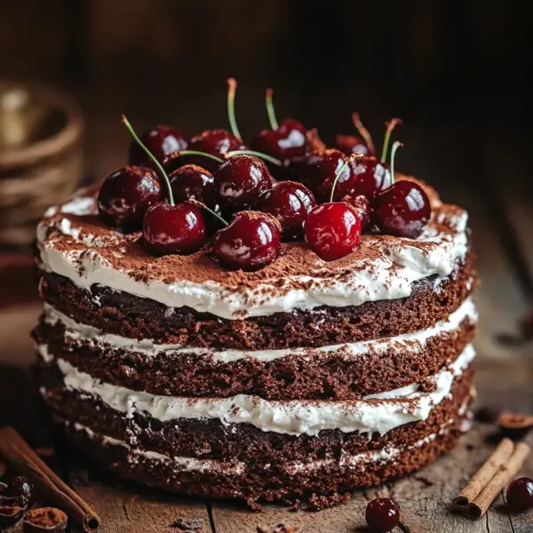 Winterlicher Maulwurfkuchen mit Zimtsahne und Punschkirschen