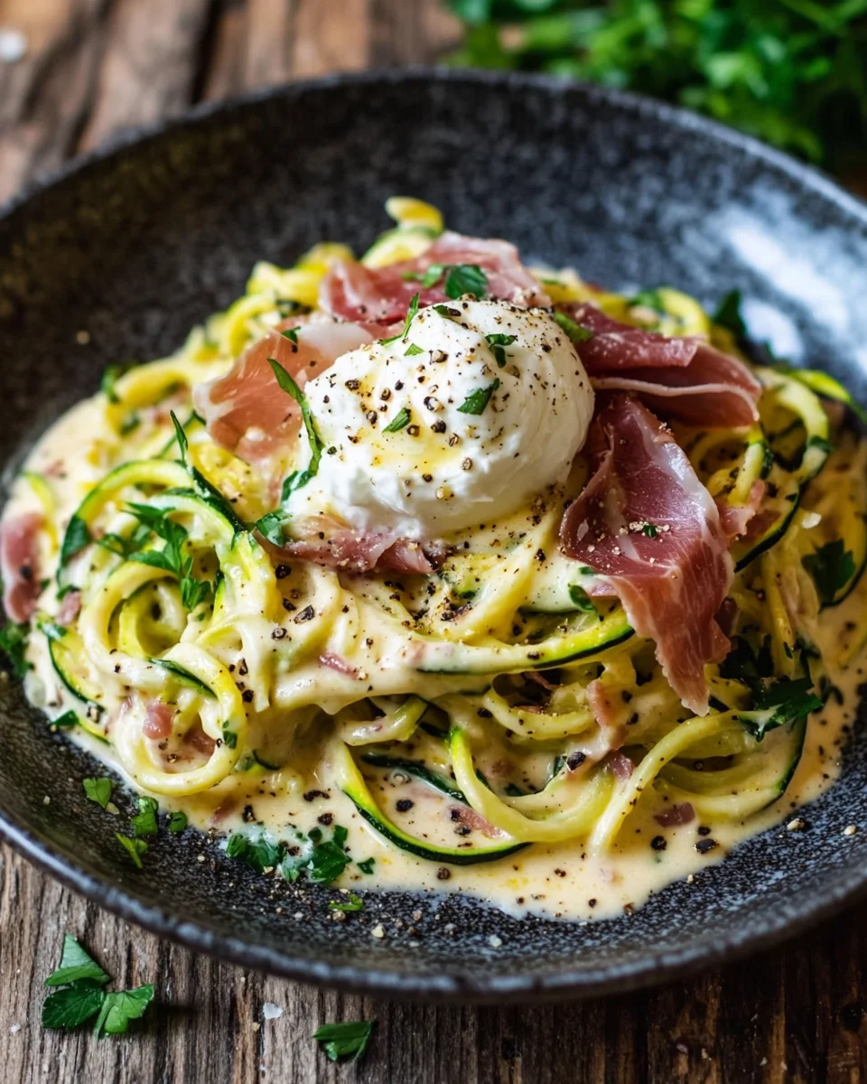 Zucchini Carbonara mit knusprigem Prosciutto und Burrata 21 Zucchini