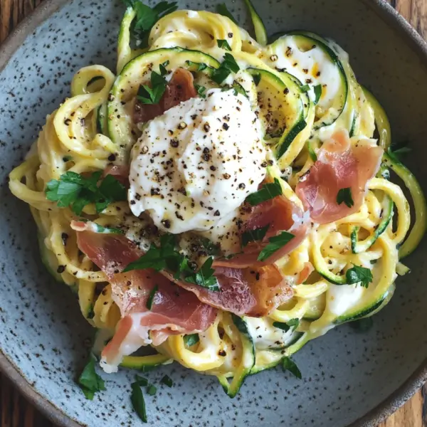Zucchini Carbonara mit knusprigem Prosciutto und Burrata